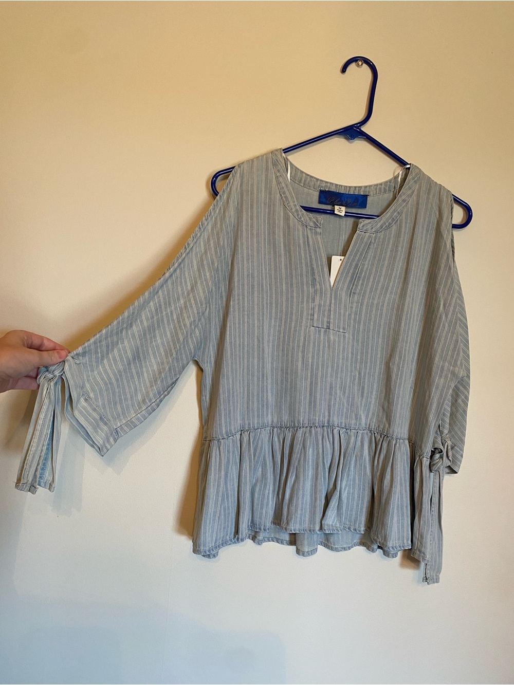 Striped Light Blue Ruffle Hem Women's Blouse